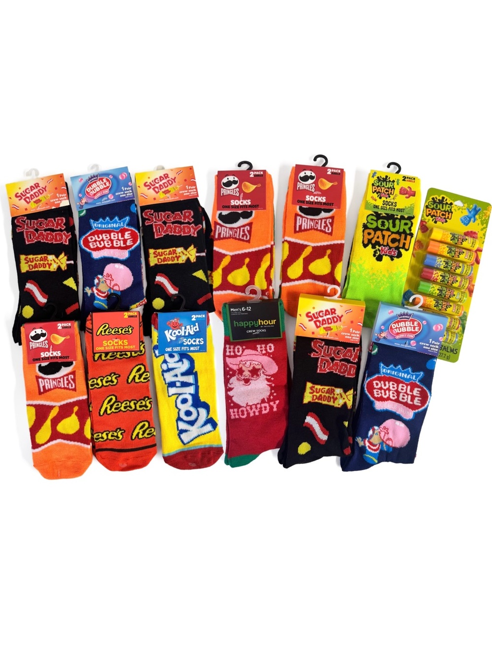 Novelty Socks & Sour Patch Lip Balm Lot Pringles Reese’s Sugar Daddy Tipsy Elves